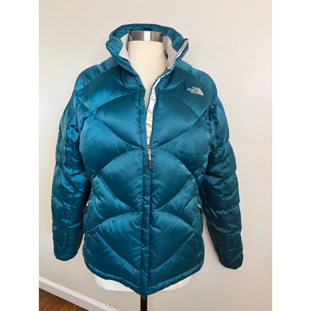 The North Face 550 Down Puffer Jacket Teal Blue Diamond Quilt Womens XL Coat